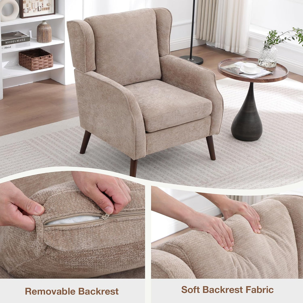Accent Chair ,Mid Century Modern Wingback Chair ,Upholstered Armchair with Lounge Seat and Wood Legs Apartment Small