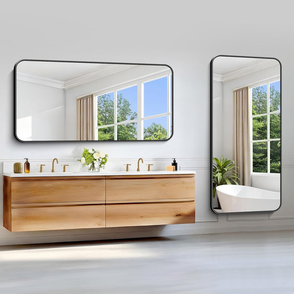 Black Bathroom Mirror, 66x30 inch Aluminum Metal Frame Rectangular Vanity Mirror, Large Wall Mounted Rectangle Mirrors