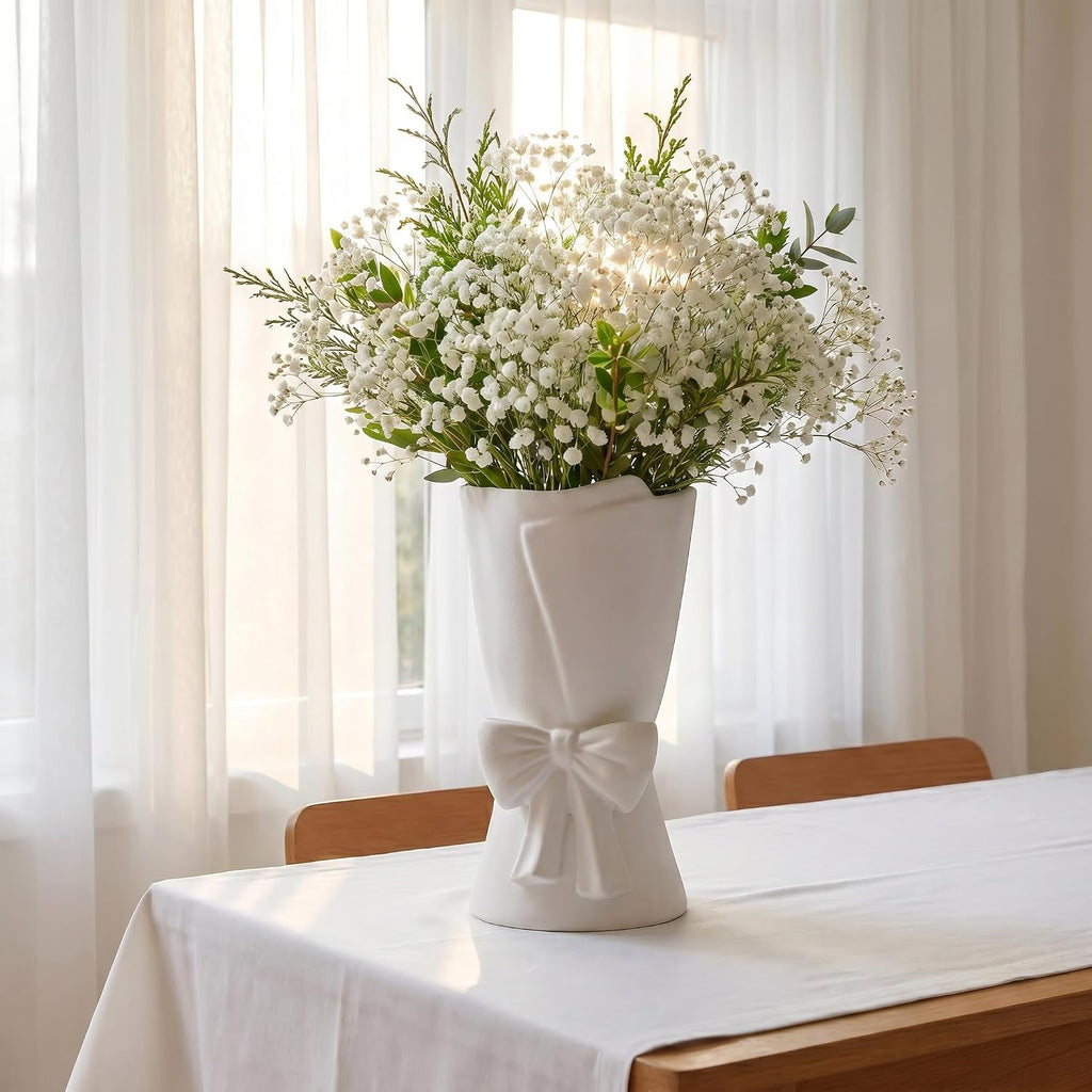 White Ceramic Bow Vase Unique Cute Decorative Bouquet Flower Vases 9.64 in Summer Home Decor Vase