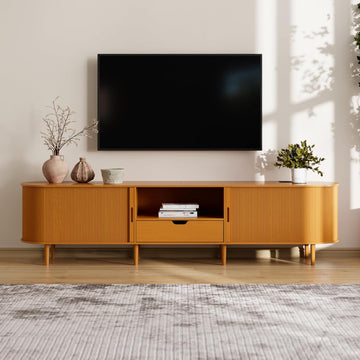 86.6" Fluted TV Stand with Power Outlet for TVs up to 90", TV Console with Adjustable Shelves and Sliding Door,Mid