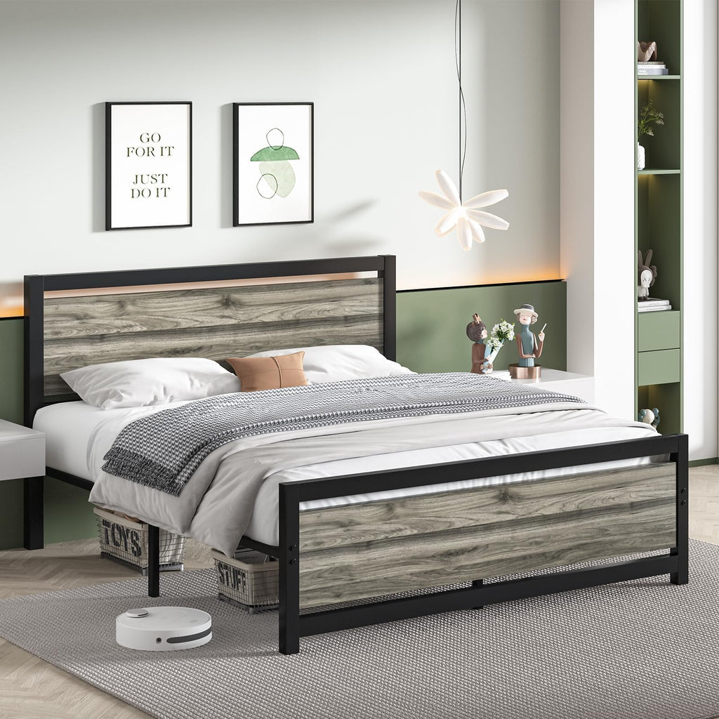 Full Bed Frame with Headboard, Under-Bed Storage, Wash Grey