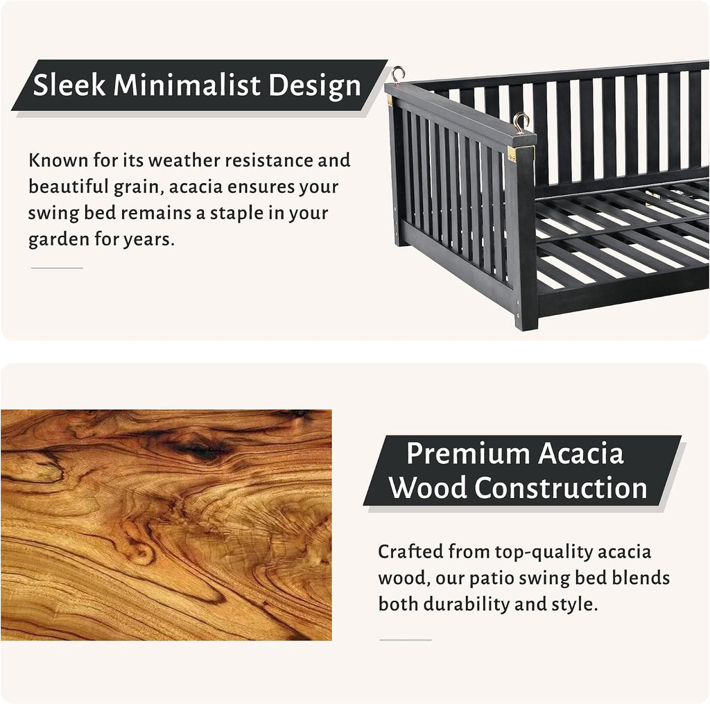 Outdoor Porch Swing Bed, Twin Size Acacia Wood Hanging Daybed with Hemp Ropes, Minimalist Patio Swing Bed for Garden