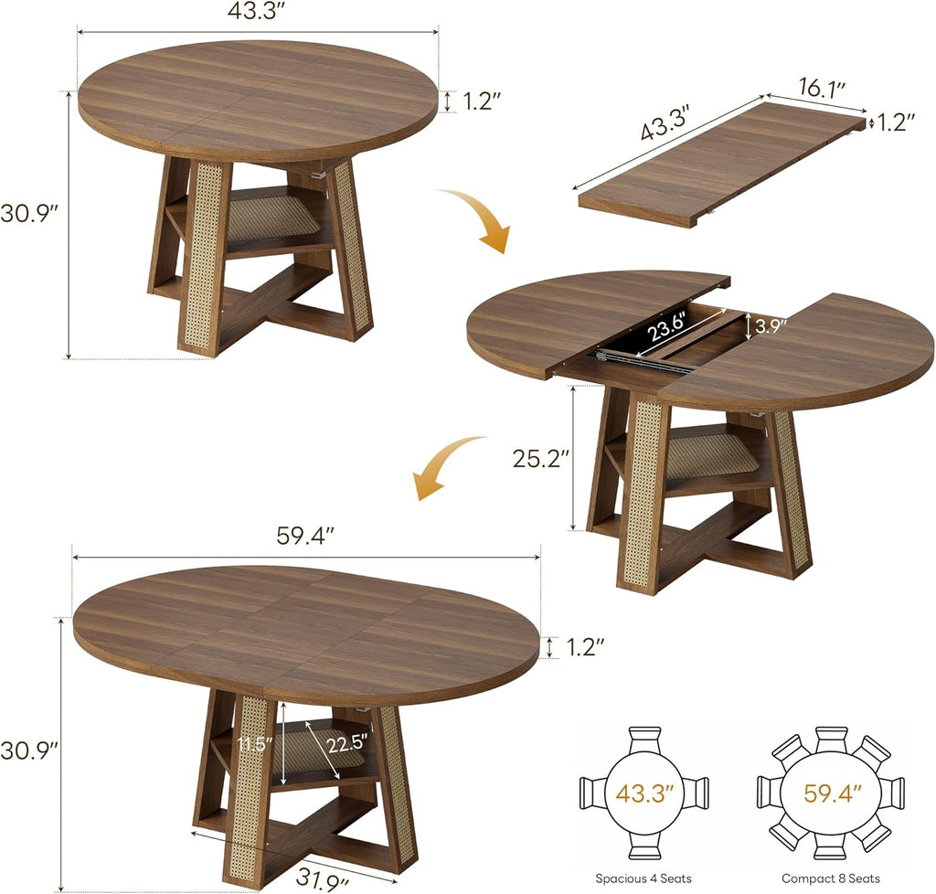 43"-59" Extendable Round Dining Table for 4-8, Transformer Oval Dining Room Table with Removable Leaves Space Saving