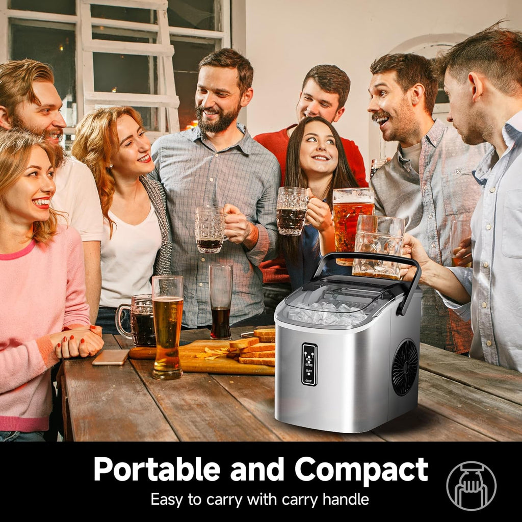 Ice Maker Countertop with Carry Handle, 9 Cubes Ready in 6 Mins, 26.5lbs/24H, Self-Cleaning, 2 Sizes of Bullet Ice