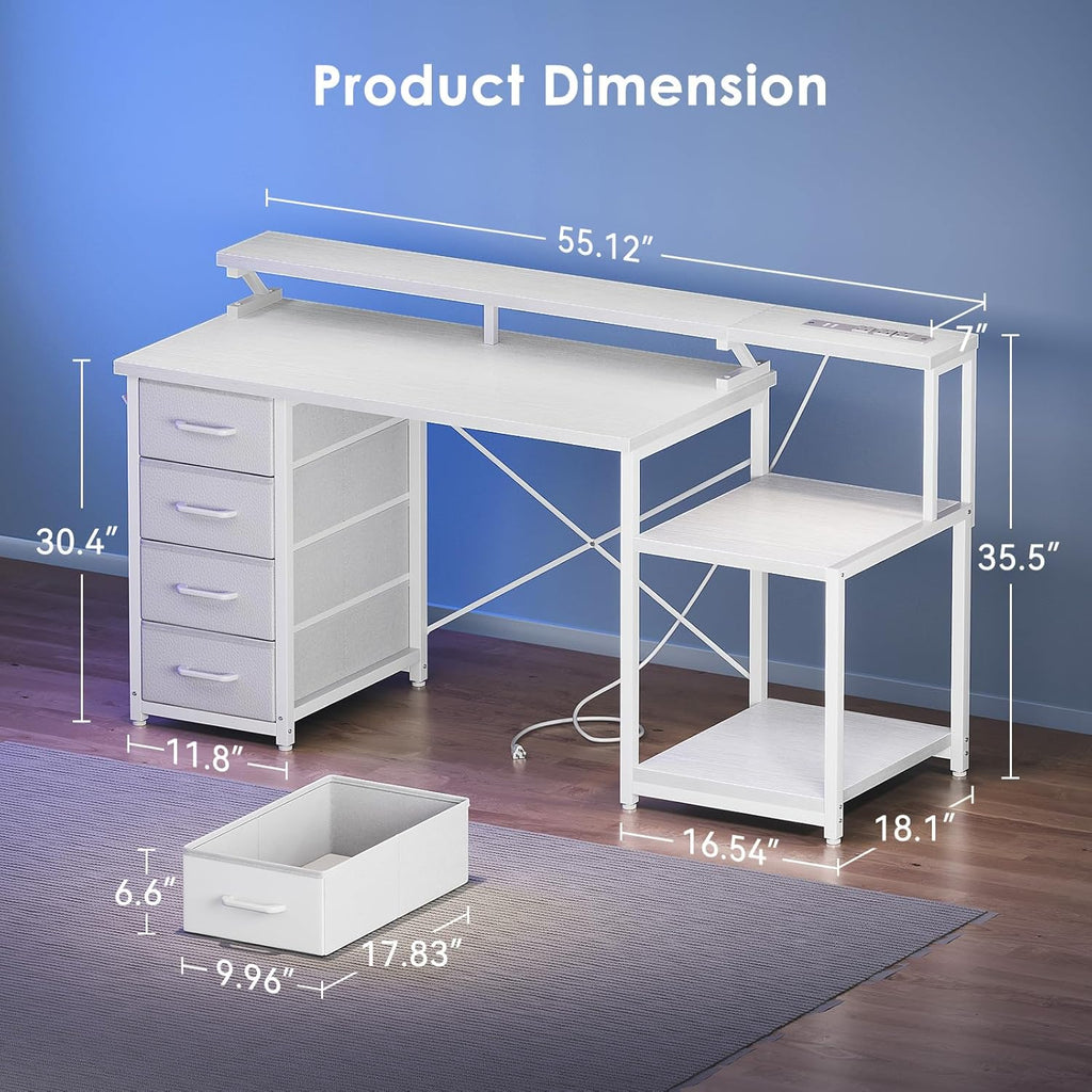 55 Inch Computer Desk with 4 Drawers, Office Desk with Power Outlets, Printer Shelf & Storage Shelves