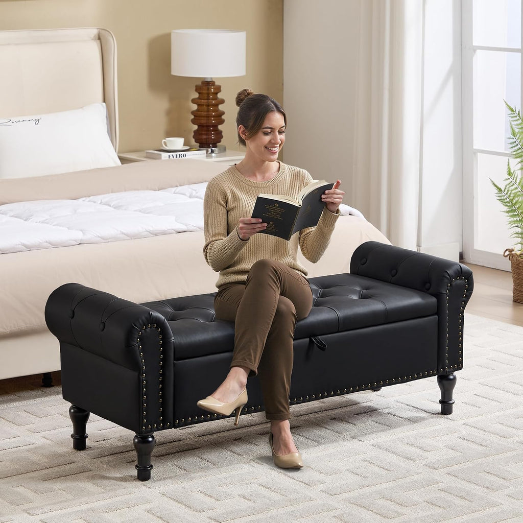 Storage Bench , 51" Upholstered End of Bed Bench, Faux Leather Queen Size Benches with Rolled Arms, Tufted Button