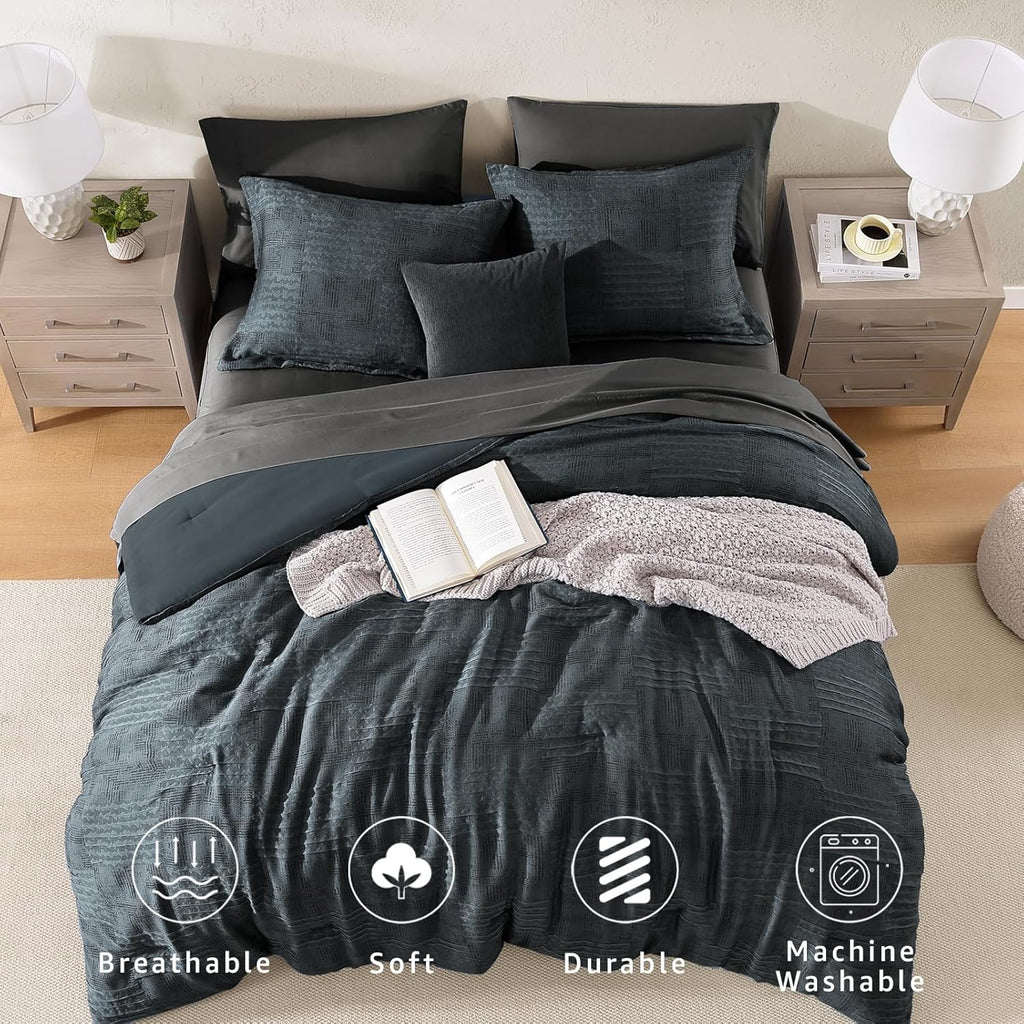 Comforter Set Blue Grey, Textured Design Crinkle Bedding Sets 7 Pieces