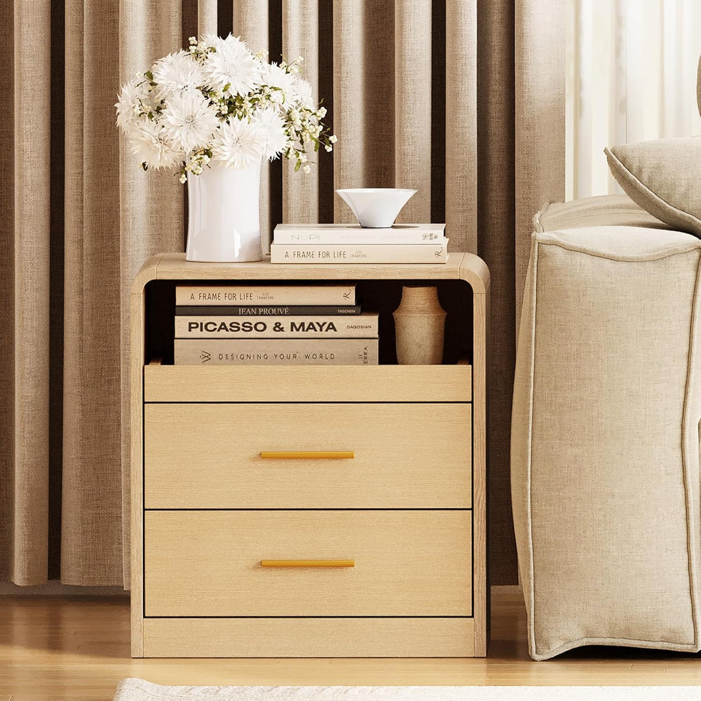 20" Wide Modern Nightstand with Charging Station,2 Drawer End Table with Pull-Out Shelf,Curved Profile Design,Wood