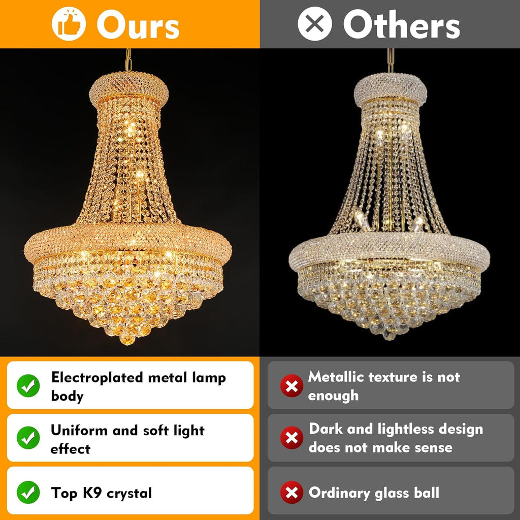 Crystal Chandeliers for Dining Room Light Fixture,Empire Style K9 Crystal Chandeliers for Entryway,12 Lights Gold Luxury Lighting Fixtures for Living Room Stairway Bedroom Foyer Hallway