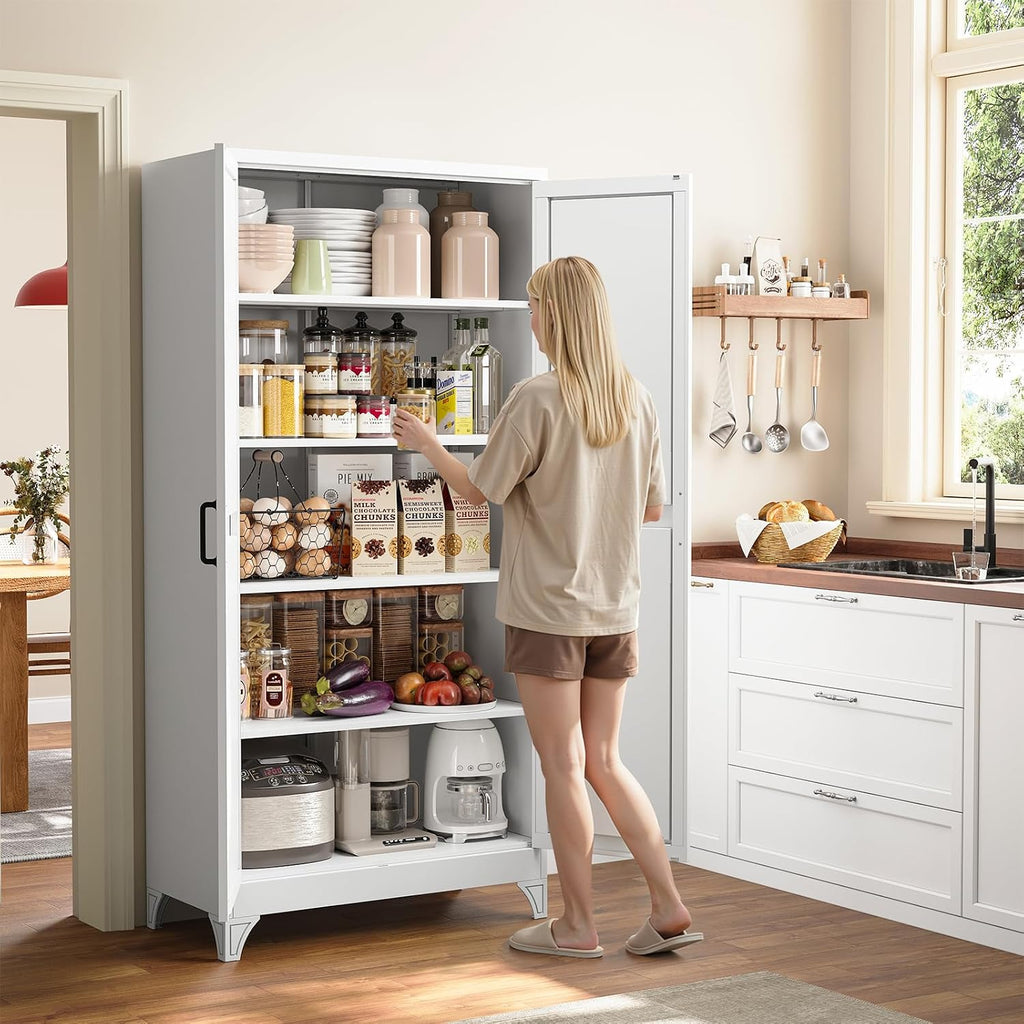 Metal Storage Cabinet with Doors and 4 Adjustable Shelves - 75" White Kitchen Pantry Storage,4-Tier Tall Steel