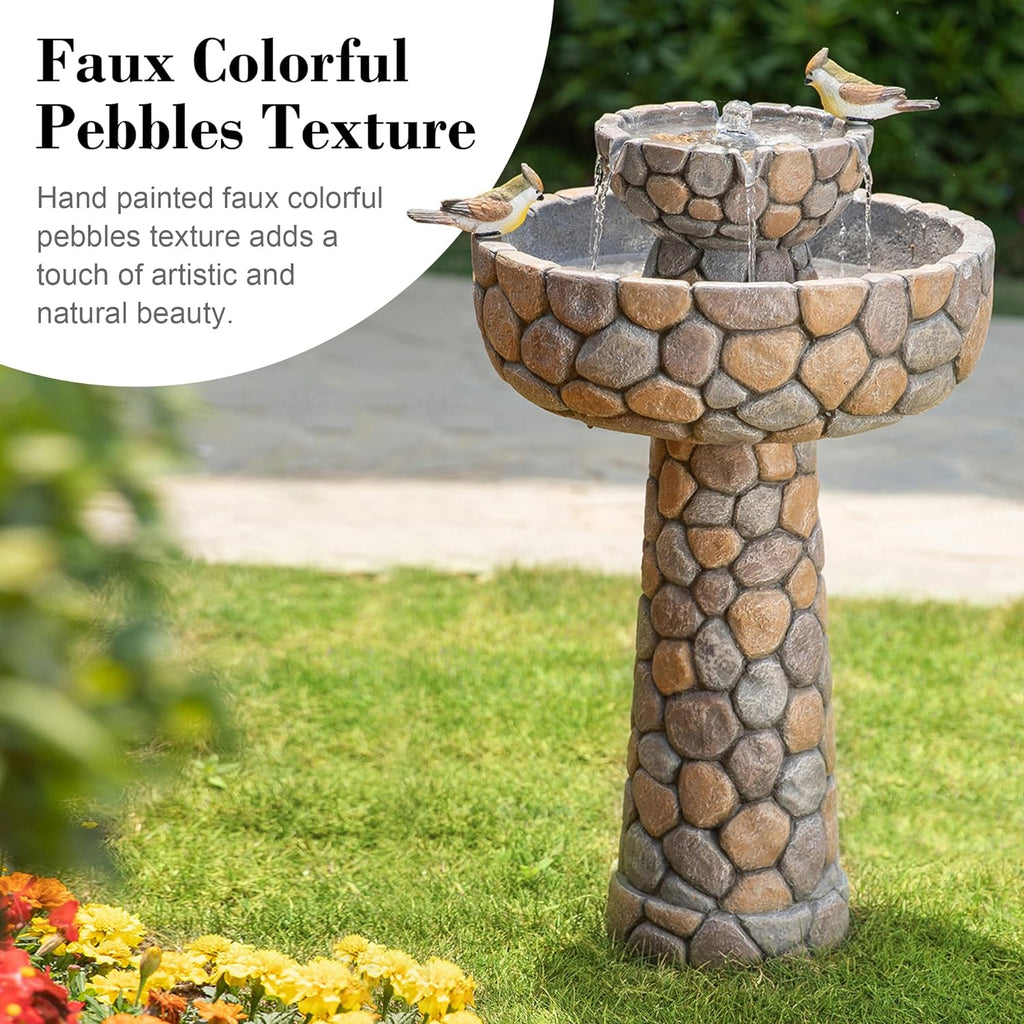 2-Tier Stone Like Outdoor Water Fountain with Birds, Bird Bath Outdoor Waterfall Fountain Decor, Freestanding Water