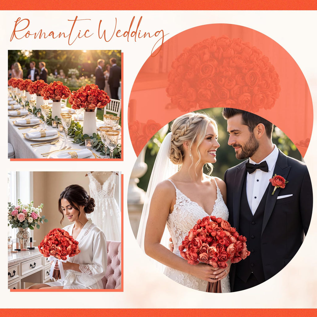 48 Pcs Ranunculus Artificial Flower, Orange-red