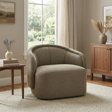 Amanda Low Profile Accent Chair, Fabric Round Back Chair, Boucle Upholstered Living Room Armchair, Comfy Reading