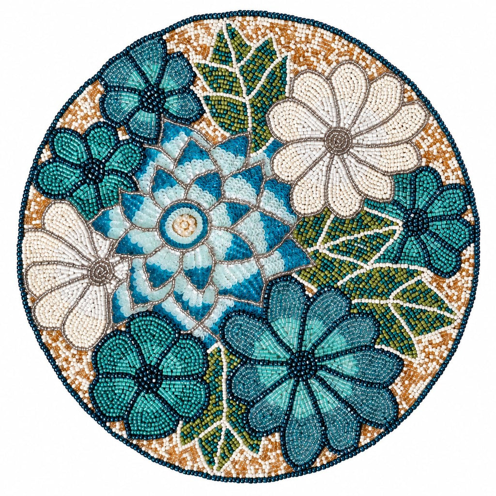 Beaded Placemats 13" Flower, Round Dining Table mat, Teal Multi