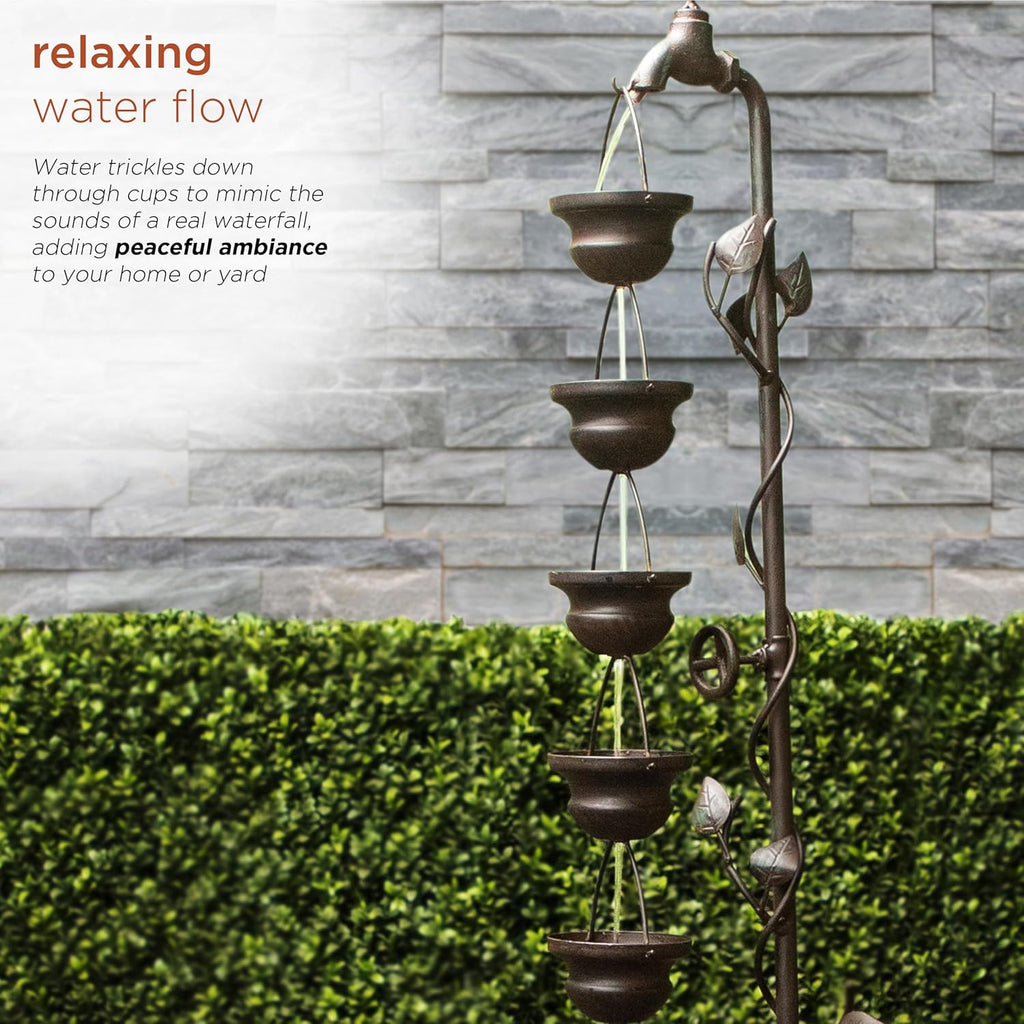MAZ254 Outdoor Floor Tiered Vintage Water Fountain w/ 6 Hanging Cups, Soothing Tier Waterfall, 38", Bronze