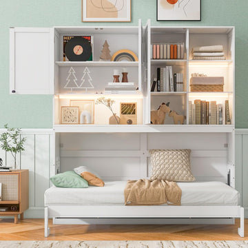 Twin Murphy Bed with Storage Bookcase and Shelves, Space-Saving Horizontal Wall Bed with LED Light & Charging