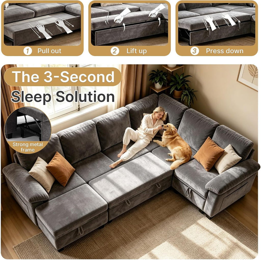109" Modular Sectional Sleeper Couch,U Shaped 7 Seat Sofa Bed with Pull Out Bed, Cloud Couch with Pillow Armrest &