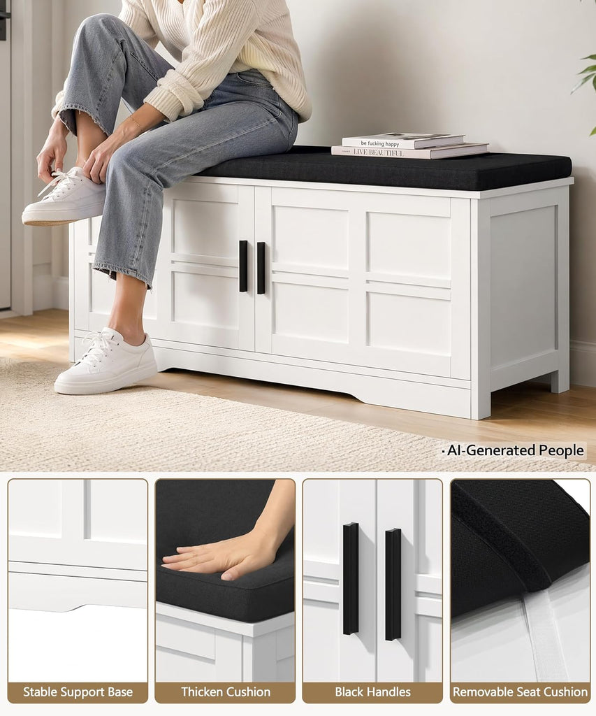 Shoe Bench with Storage, 39.4" Entryway Bench with Padded Cushion, 2-Tier Shoe Cabinet Bench with Adjustable Shelves