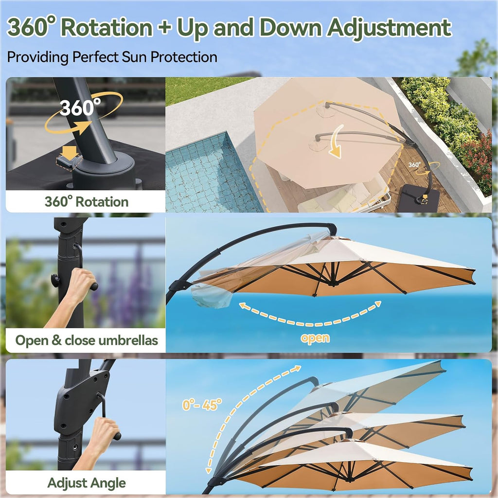 11 FT Cantilever Umbrella with led Light, Patio Large Aluminum Offset Umbrella Windproof with 360°Rotation