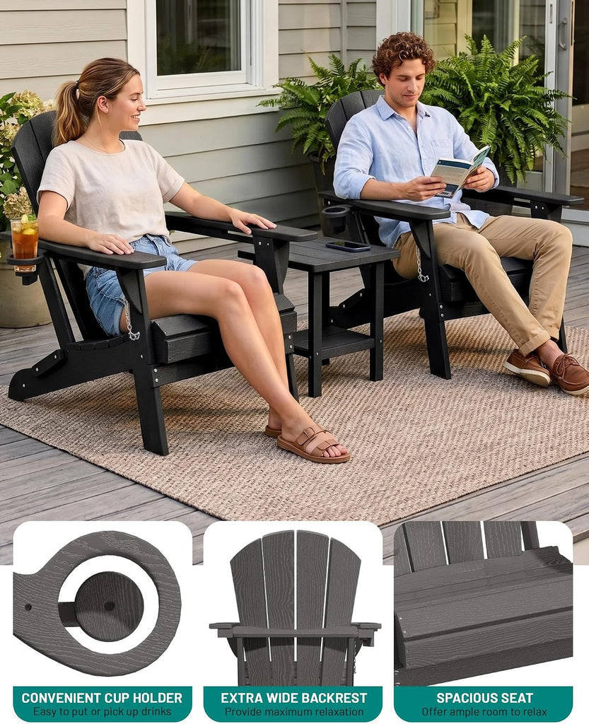 Adirondack Chair Set of 2, Fire Pit Chairs with Cup Holder, Black | Wood-Grain Fade-Proof, Ergonomic, Foldable