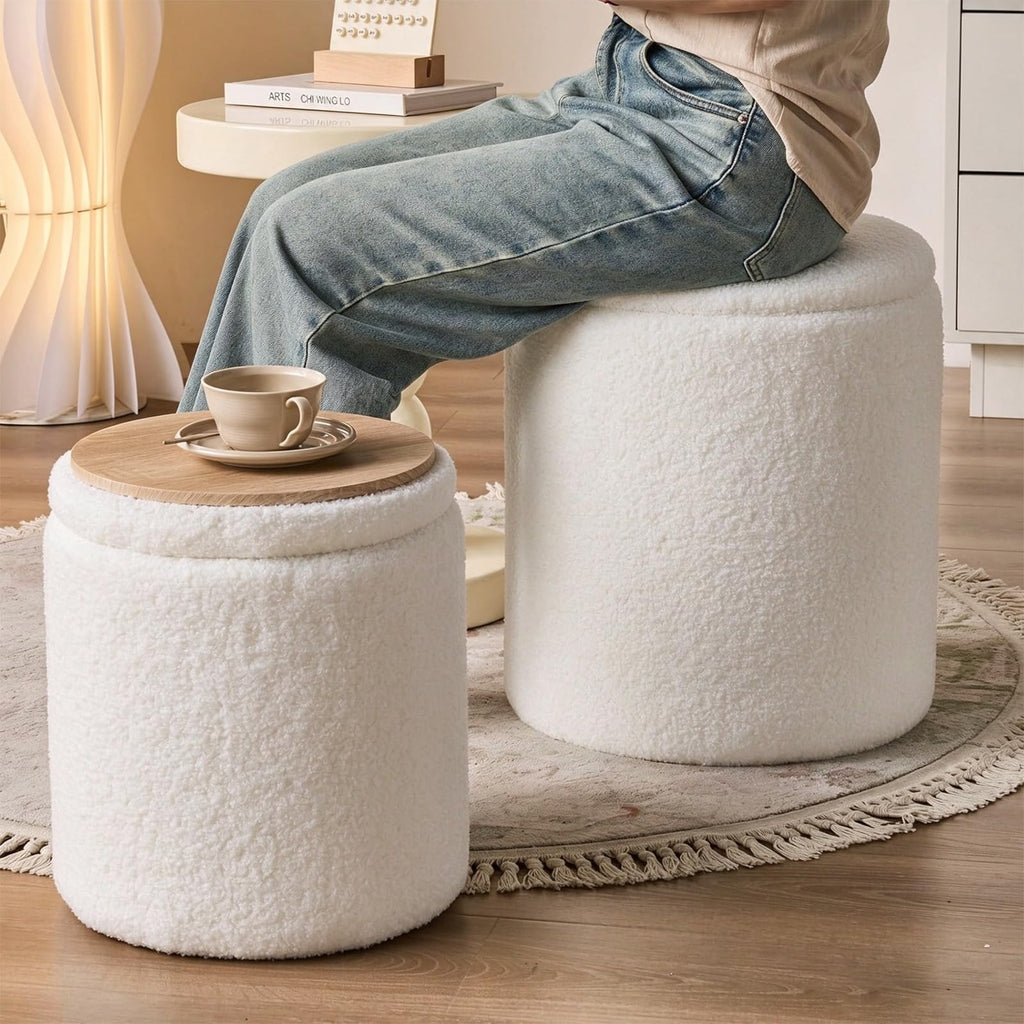 Set of 2 Round Storage Ottoman, White Sherpa Ottoman with Storage