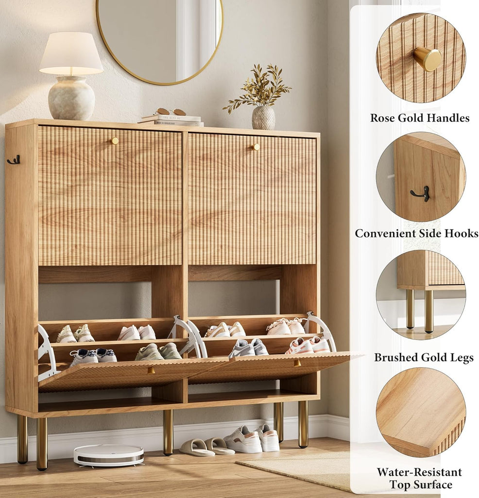 Shoe Storage Cabinet - Ultra Slim Shoe Cabinet with Tiered Fluted Design - Modern Shoe Organizer with Gold Legs