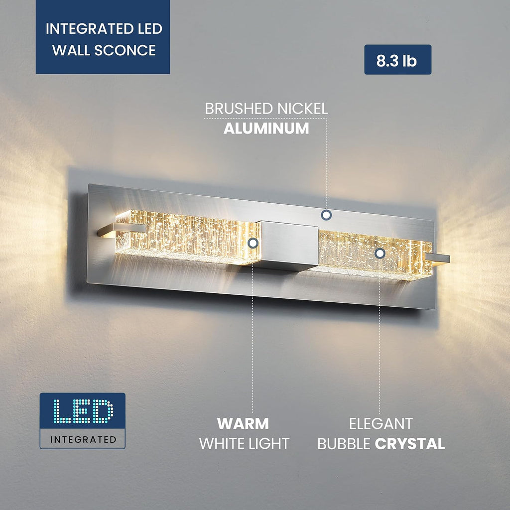 LED Wall Sconce Light: 19 Inch Nickel Modern Sconces Wall Lighting 3000K Dimmable Crystal Wall Lamps Indoor Bathroom
