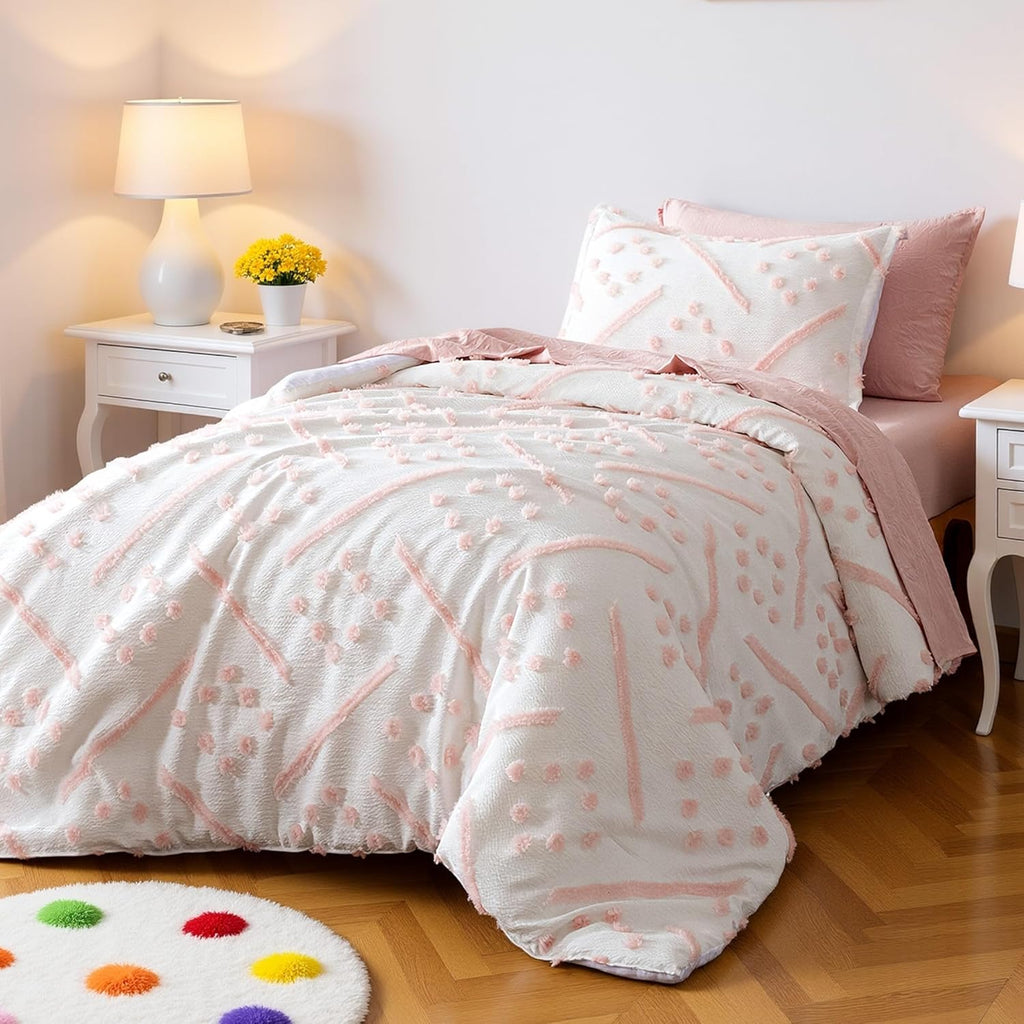 Kids' Pink Bedding Set, 5-Piece Jacquard Microfiber Bed-in-a-Bag with Comforter, Fitted Sheet, Flat Sheet, Pillowcase
