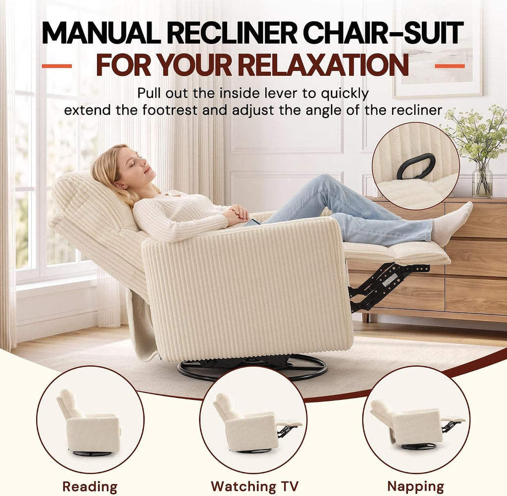 360° Swivel Glider Rocker Manual Recliner, High Back Reclining Chair with Curved Armrests, Beige Corduroy Upholstered