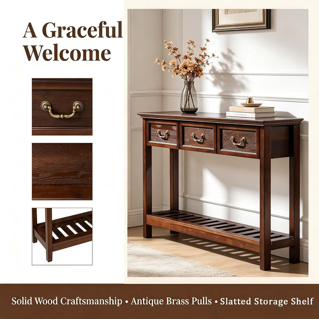 47'' Solid Wood Console Table with Storage, Narrow Long Rustic Sofa Table with 3 Drawers and Open Shelf, Farmhouse