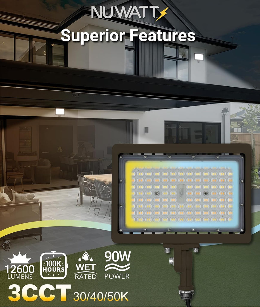 90W LED Flood Light, 3CCT 3000K/4000K/5000K Selectable, IP65 Waterproof Lighting, Adjustable Knuckle Mount, 12600LM