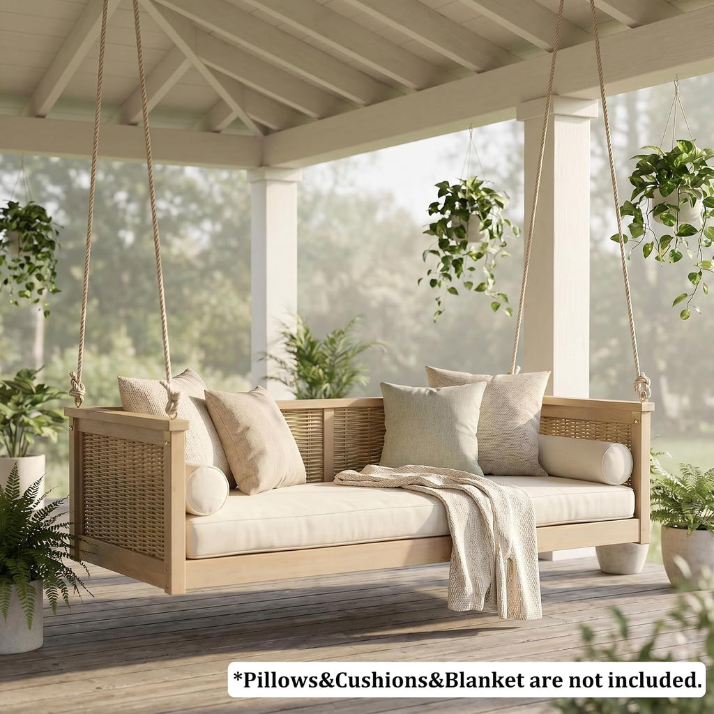 Twin Size Outdoor Porch Swing Bed, Solid Wood Rattan Swing Daybed Frame with Long Ropes , Poolside, Backyard, Light