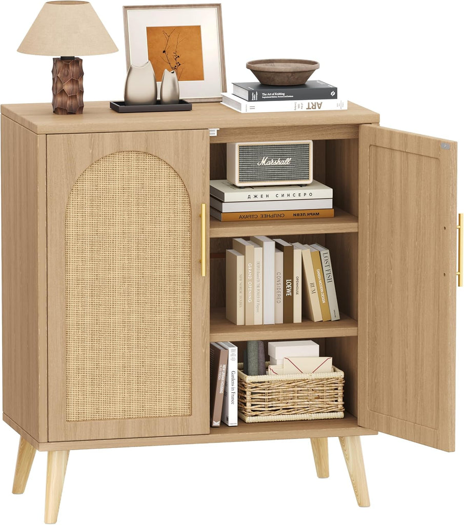 Set of 2 Rattan Storage Cabinet with 4 Doors & Solid Wood Legs | 59 Inch Sideboard with Adjustable Shelf , Floor