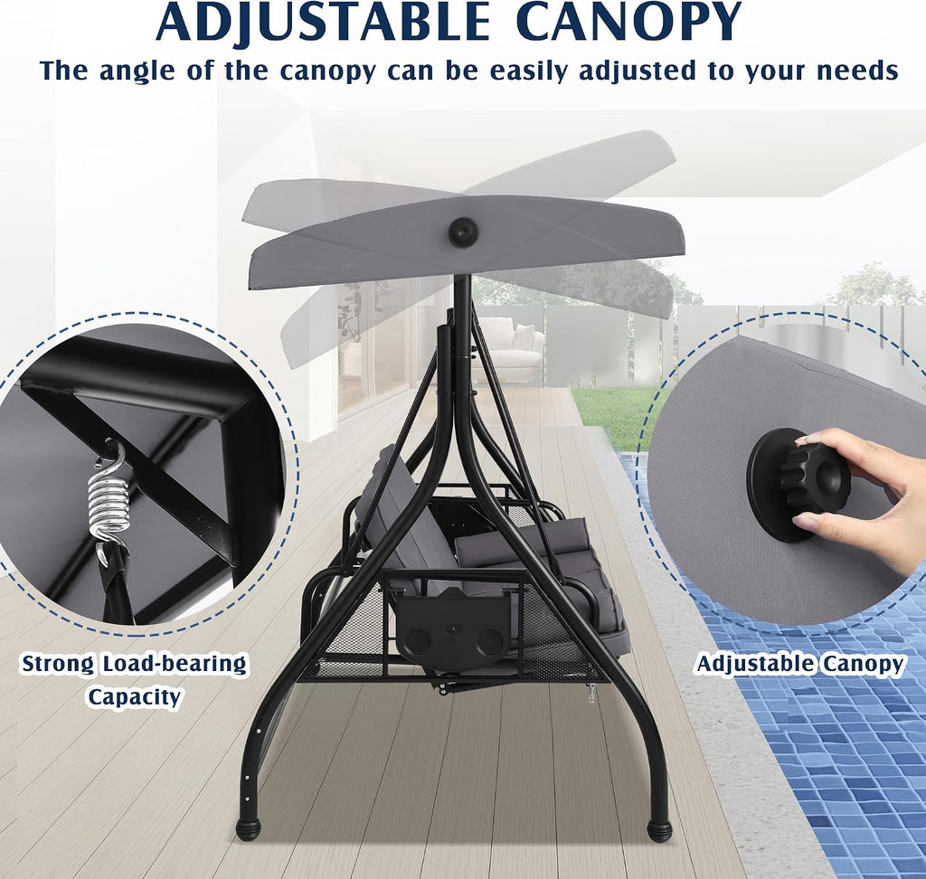 3-Seat Outdoor Porch Swing with Adjustable Canopy, 3 Person Convertible Porch Swing Bed with Stand, Heavy Duty Patio
