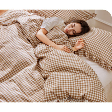Ruffle Gingham Duvet Cover Brown/White, 100% Cotton