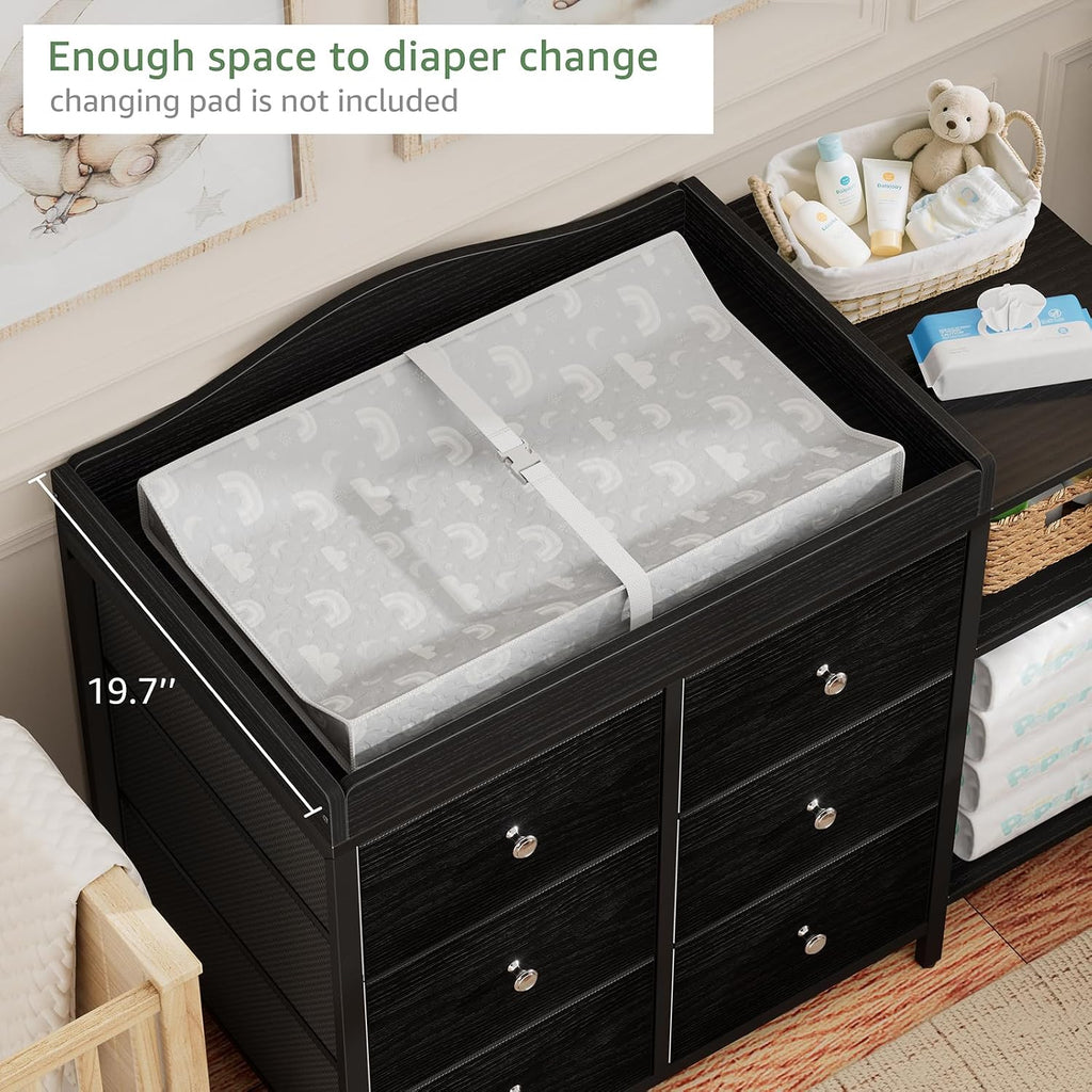 Baby Dresser with Changing Table Top, Black Changing Table Dresser with 6 Fabric Drawers Diaper Changing Station with