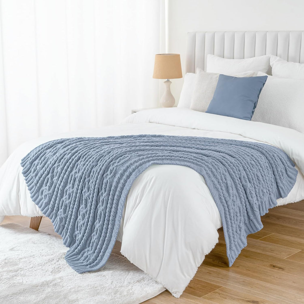 Bluish Grey Throw Blanket,51"x67", Super Soft Warm Cozy Chenille Knit Blankets, Chair, Gift, Texture Decorative Boho