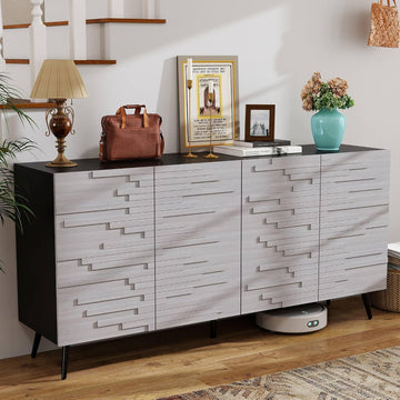 Modern Credenza Storage Cabinet: 63" Grey and Black Fluted Sideboard Buffet Cabinet with 4 Doors, Mid Century Wood