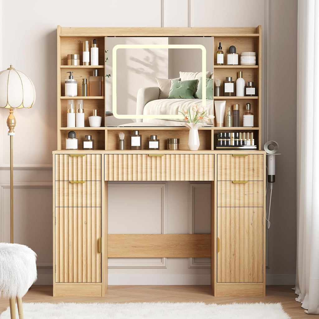 Makeup Vanity Desk with Mirror, Fluted Vanity with 5 Drawers and 2 Cabinets & Open Shelves and Power Outlet & Sliding