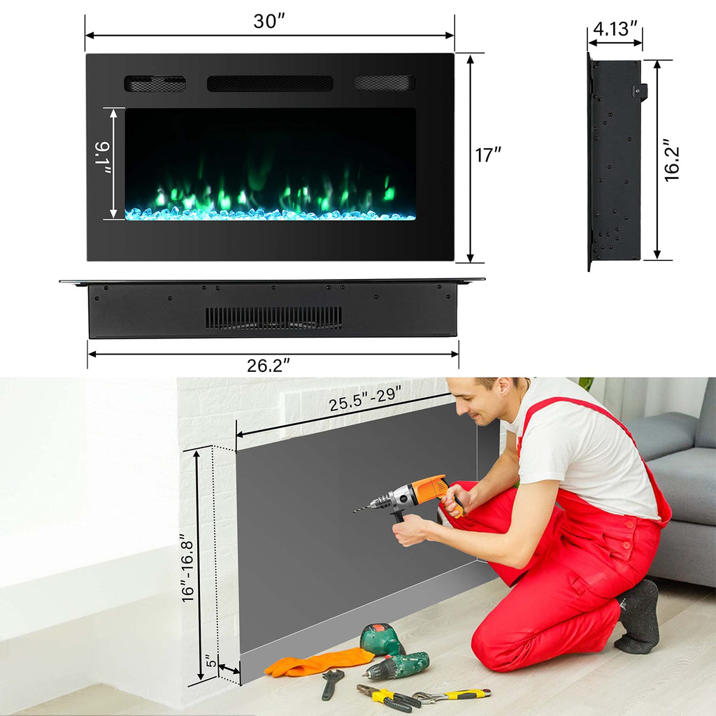 Electric Fireplace Insert 30 Inch, Wall Mounted, Remote Control, 12 Colors