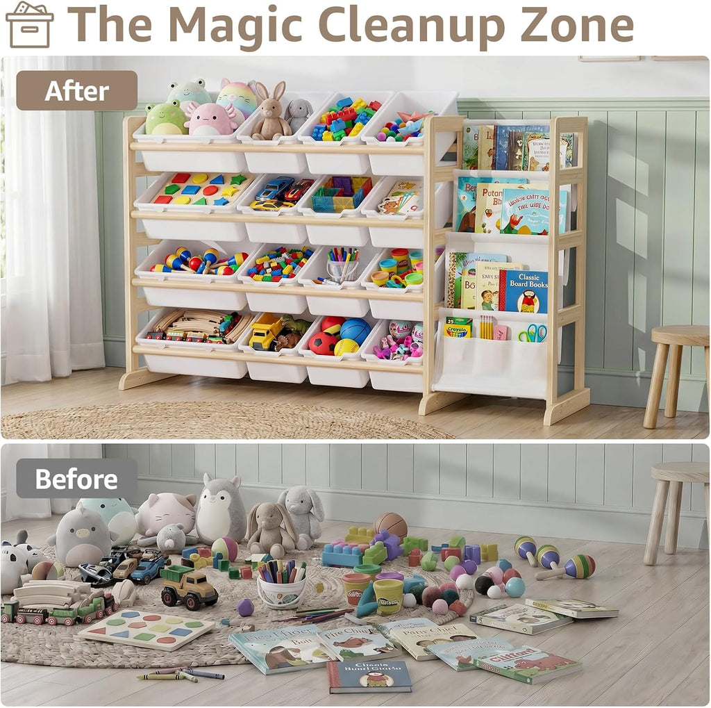 Toy Storage Organizer with Bookshelf - Wooden 12 Bins Kids Toy Organizer Rack, Solid Pine Wood, Toys Box for Toddler