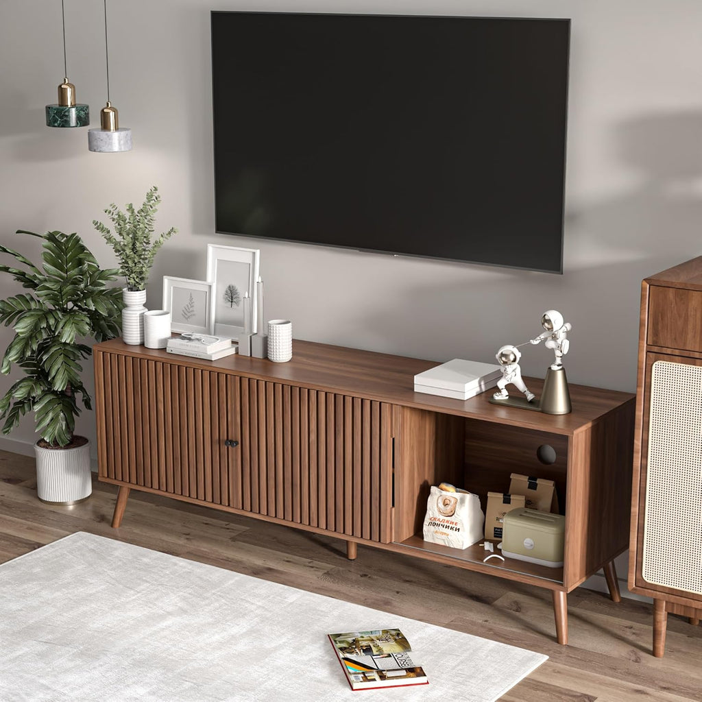 Mid Century Modern TV Stand for Televisions up to 70 Inches, with Sliding Doors and Storage, Television Stands, TV