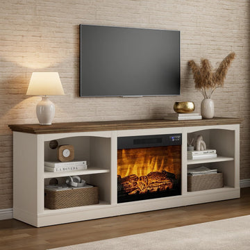 70" Farmhouse Fireplace TV Stand for TVs up to 80", Entertainment Center with 23" Fireplace, Open Shelves, One-Box