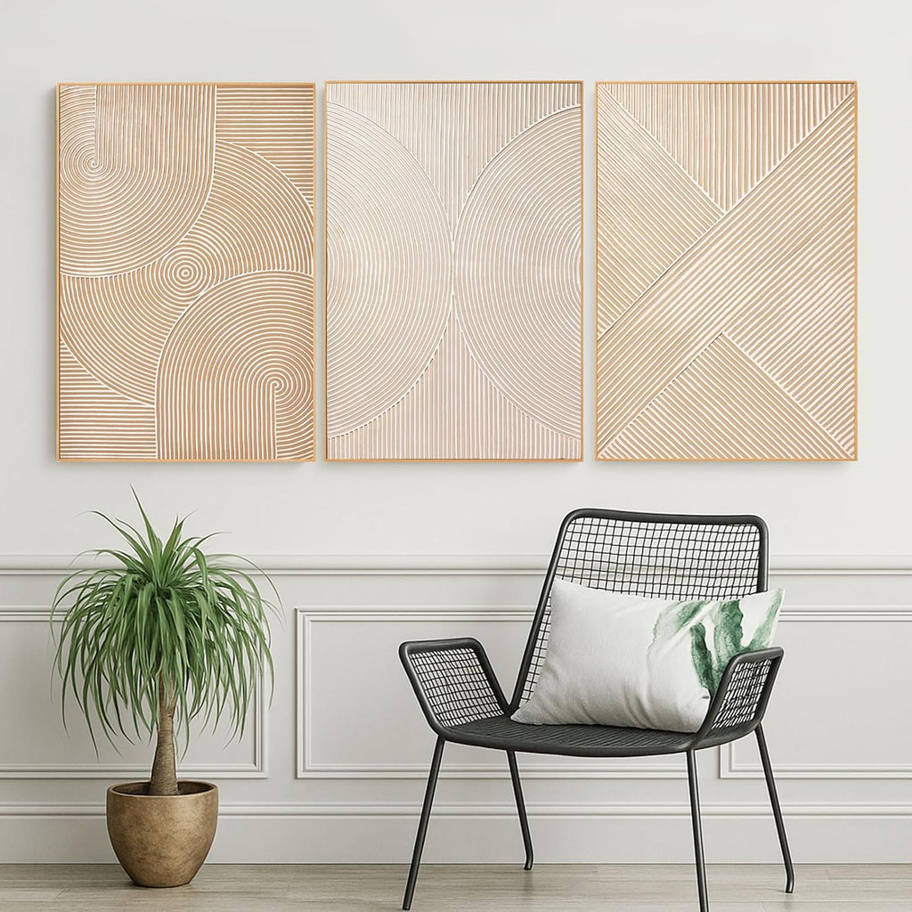 Large Textured 3D Wall Art Neutral Set of 3- and-Painted Abstract Canvas Framed Paintings Brown - Modern