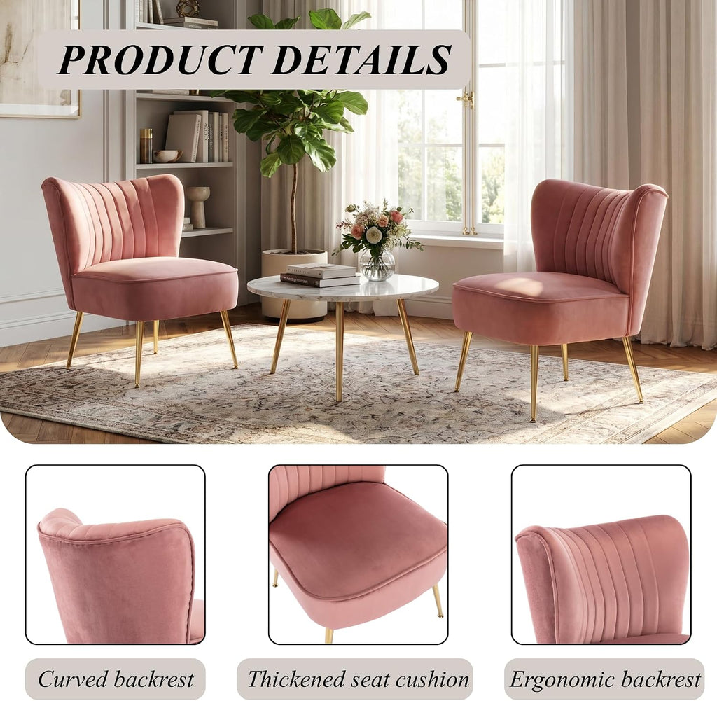 Velvet Accent Chairs Set of 2 Comfy Living Room Chair Armless Slipper Chair Mid Century Side Single Sofa Chair with