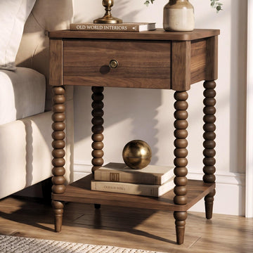 Walnut Brown Nightstand, 25"H, Spindle Legs, Drawer & Shelf