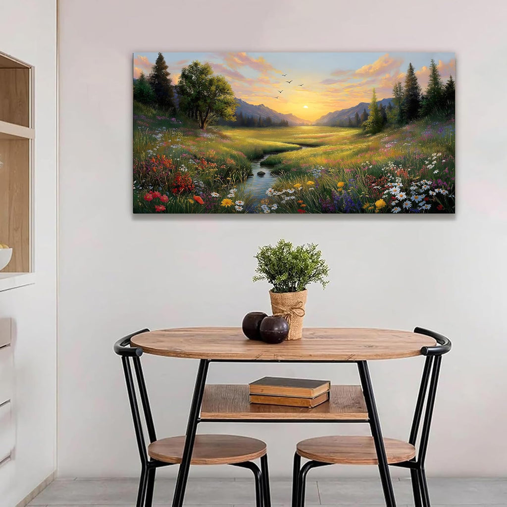 Large Green Landscape Canvas Wall Art Sunset Mountain Wildflowers Canvas Prints Nature Scenery Artwork Office Home