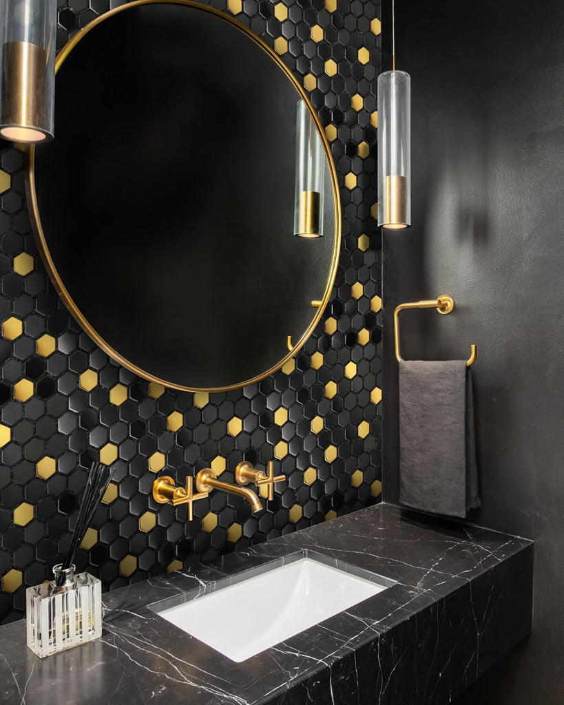 Black and Gold Backsplash Wall Hexagon Mosaic Shower Floor Tile Kitchen Bathroom Tile (Box of 5 Sheets)