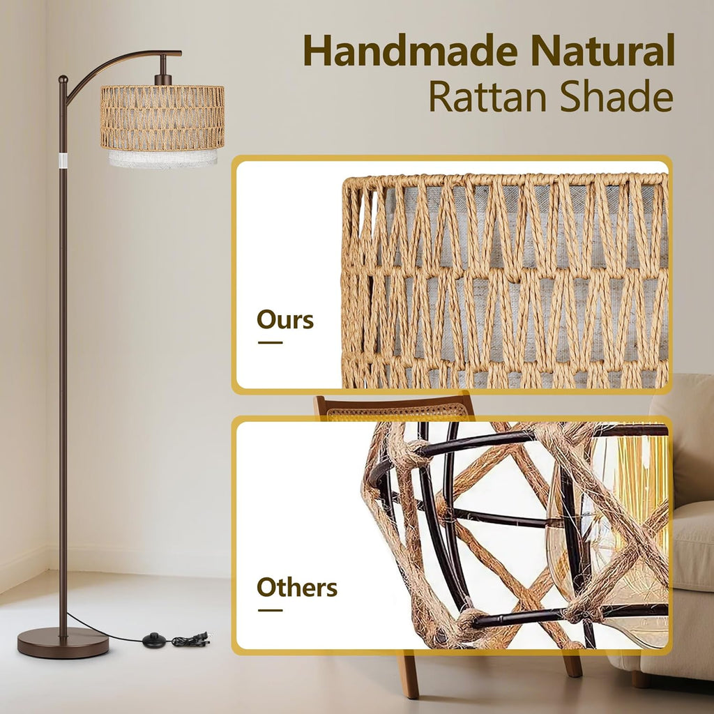 Arc Floor Lamps, Boho Farmhouse Floor Lamp with Remote & Dimmable Bulb, Standing Lamp with Rattan & Fabric Shades