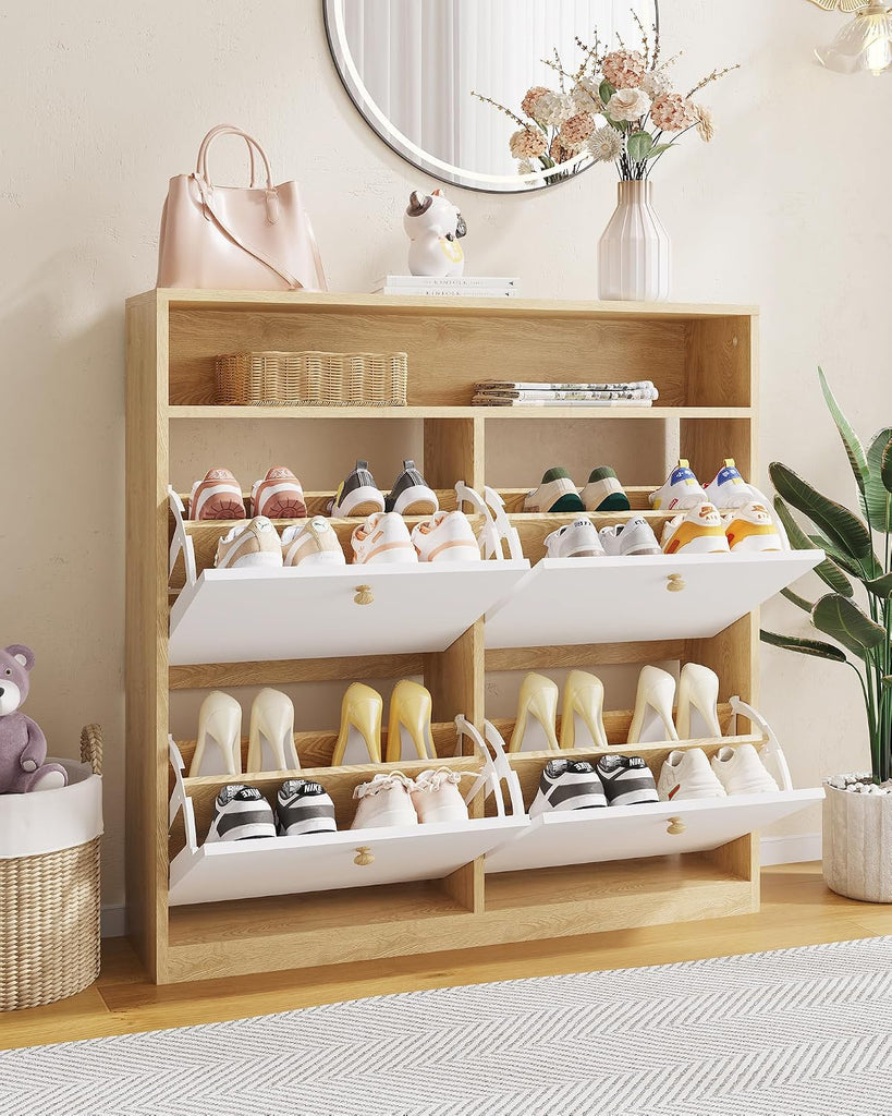 Narrow Shoe Cabinet with 4 Flip Drawers and Open Shelf, Freestanding Shoe Storage Cabinet , Compact Wooden Shoes